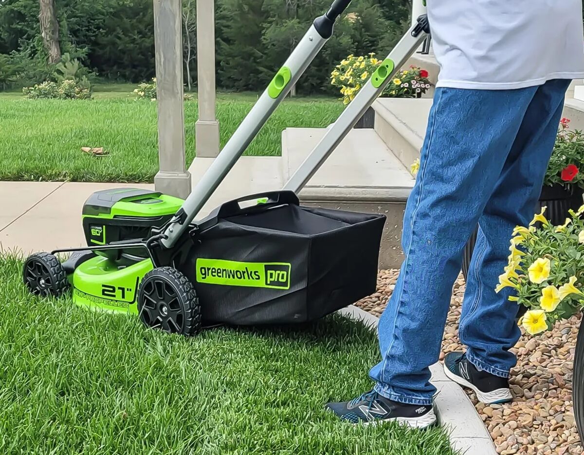 Battery electric mower used for quiet neighborhood mowing